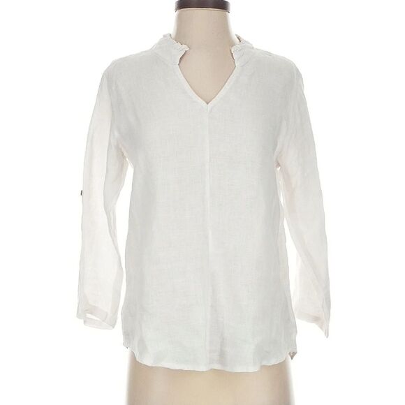 Rosemarine White Linen Top 3/4 Sleeve With V Neck And Button Sleeve Size S - Picture 11 of 12
